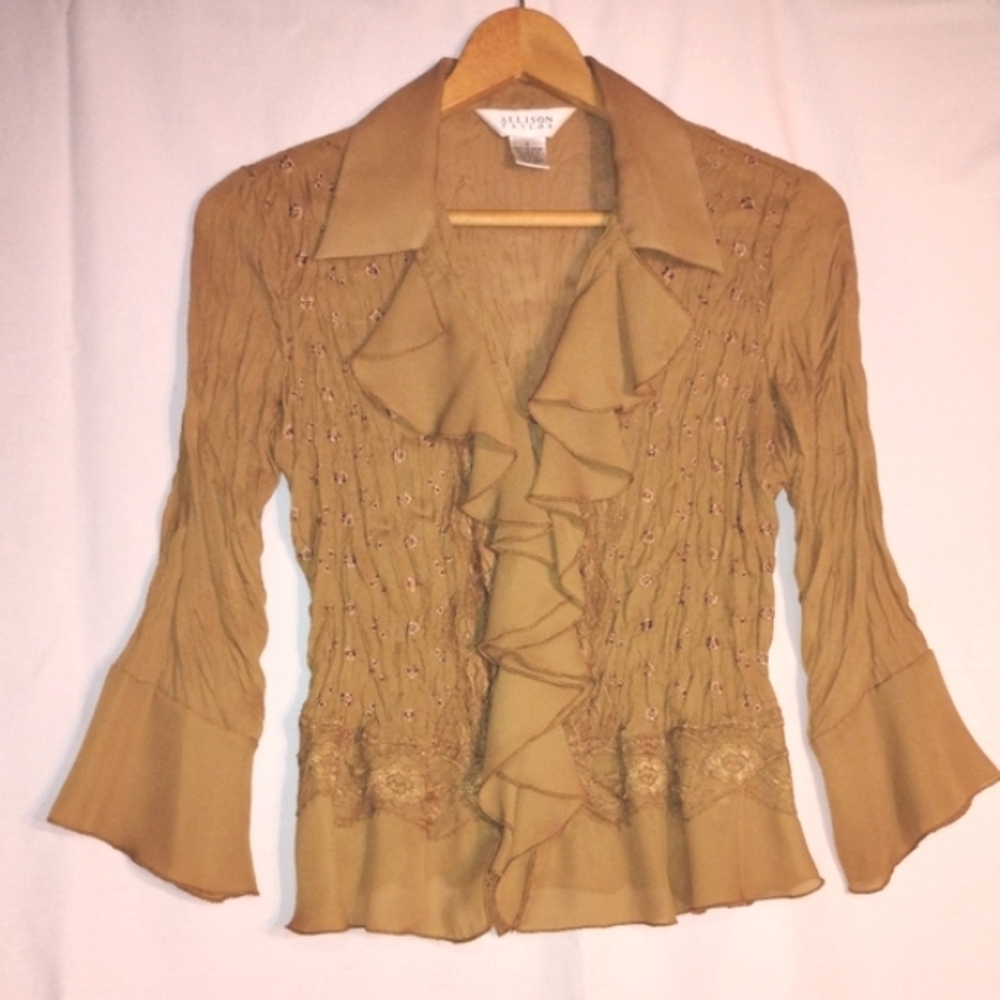Allison Taylor Tan Bell Sleeve Blouse with Ruffled Details
